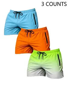 Men's Summer Solid Color Beach Shorts, Athleisure Shorts, Quick Dry Sporty Fitted Shorts with Zip Pockets, Breathable Mesh Lining, 3-Piece Set