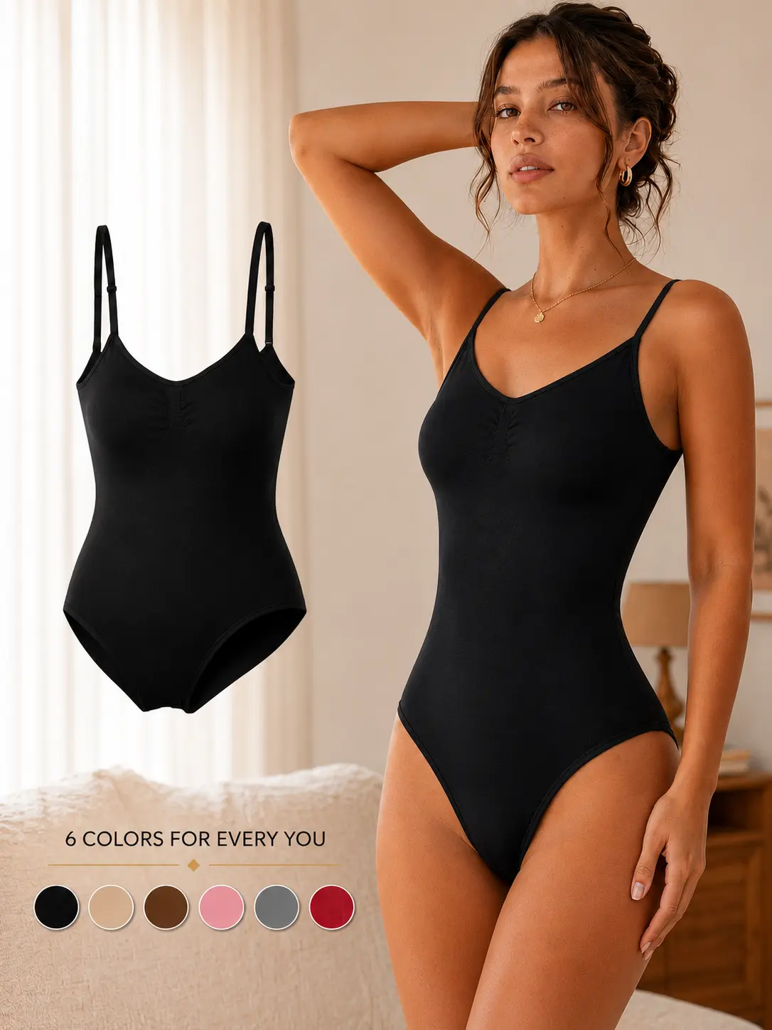 Women's Seamless V-Neck Covered Bust Shapewear Bodysuit - Adjustable Strap, Thong, Tummy Control, Compression, Breathable, Solid Black, Comfortable, Skinny Fit, Minimalist, Elegant - For Lady, Everyday, Wedding, Celebrity, Athletic Activewear Piece