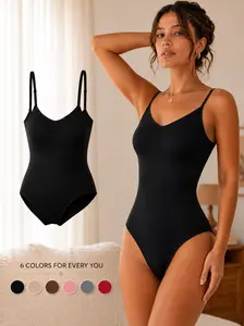 Seamless Covered Bust Jumpsuit Thong Bodysuit Fit Womenswear Comfort Shapewear Basic Breathable Hip Solid Adjustable Strap Thong Shapewear Bodysuit Compression Skinny Tummy Control Black Activewear Athletic Minimalist Sportswear Elegance Vneck