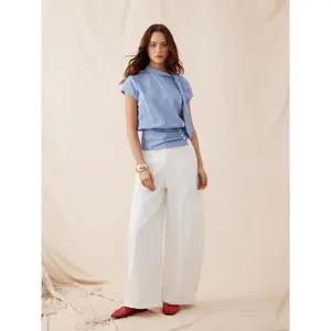 Cider Linen-blend Stripes High Neck Knotted Blouse With Scarf