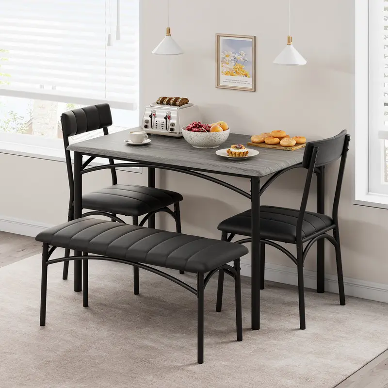 Rustic Grey 4-Piece Dining Room Furniture Set - Rectangular Metal Modern Dining Table with Upholstered Chairs & Bench, Durable Small Space Storage Furniture, Assembly Required for Apartment No Studio Overcrowding