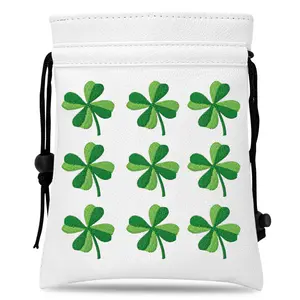 Golf Drawstring Bag with Lucky Four-Leaf Clover Embroidery, Waterproof PU Small Ball Bag, Handheld Waist Bag for Golfers