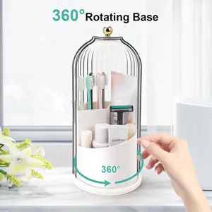 Toothbrush Holders with Sliding Member, Rotating 3 Slots Bathroom Organizer Countertop, Tooth Brush Toothpaste Holder Bathroom Counter Stand Sink Organizer Caddy for Vanity Makeup Brushes Holder Pad Wall Mounted Shower Shelf Set