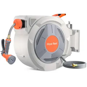 Wall Mount Retractable Garden Hose Reel with Auto Rewind 9 Pattern Nozzle with Any Length Lock and 180 Degree Swivel Bracket