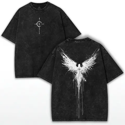 valentine shirts Oversized Gothic Angel Wings T-Shirt: Washed Heavy Cotton, Vintage Streetwear