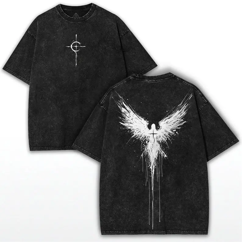 valentine shirts Oversized Gothic Angel Wings T-Shirt: Washed Heavy Cotton, Vintage Streetwear
