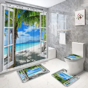 1/4pcs Fun Beach Coastal Scene Shower Curtain Set, Includes Non-Slip Mat, Toilet Lid, Hooks, Essential Bathroom Accessories