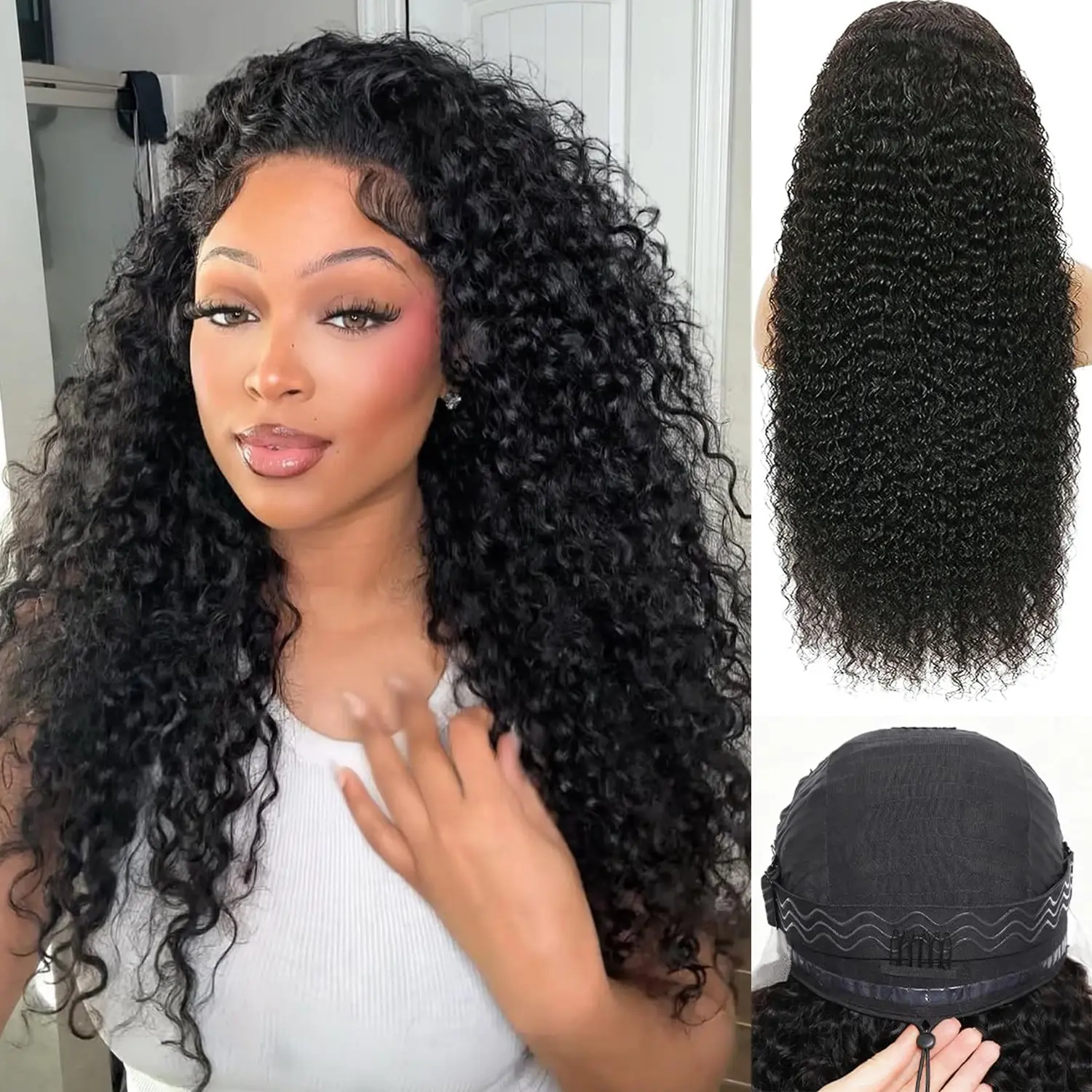 Curly Human Hair Half Wig for Black Women 220% Density 15A 3 In 1 Half Wig Human Hair 18 Inch Invisible Hairline Wear and Go Glueless Wigs with Drawstring Quick Install Beginners Friendly Wigs