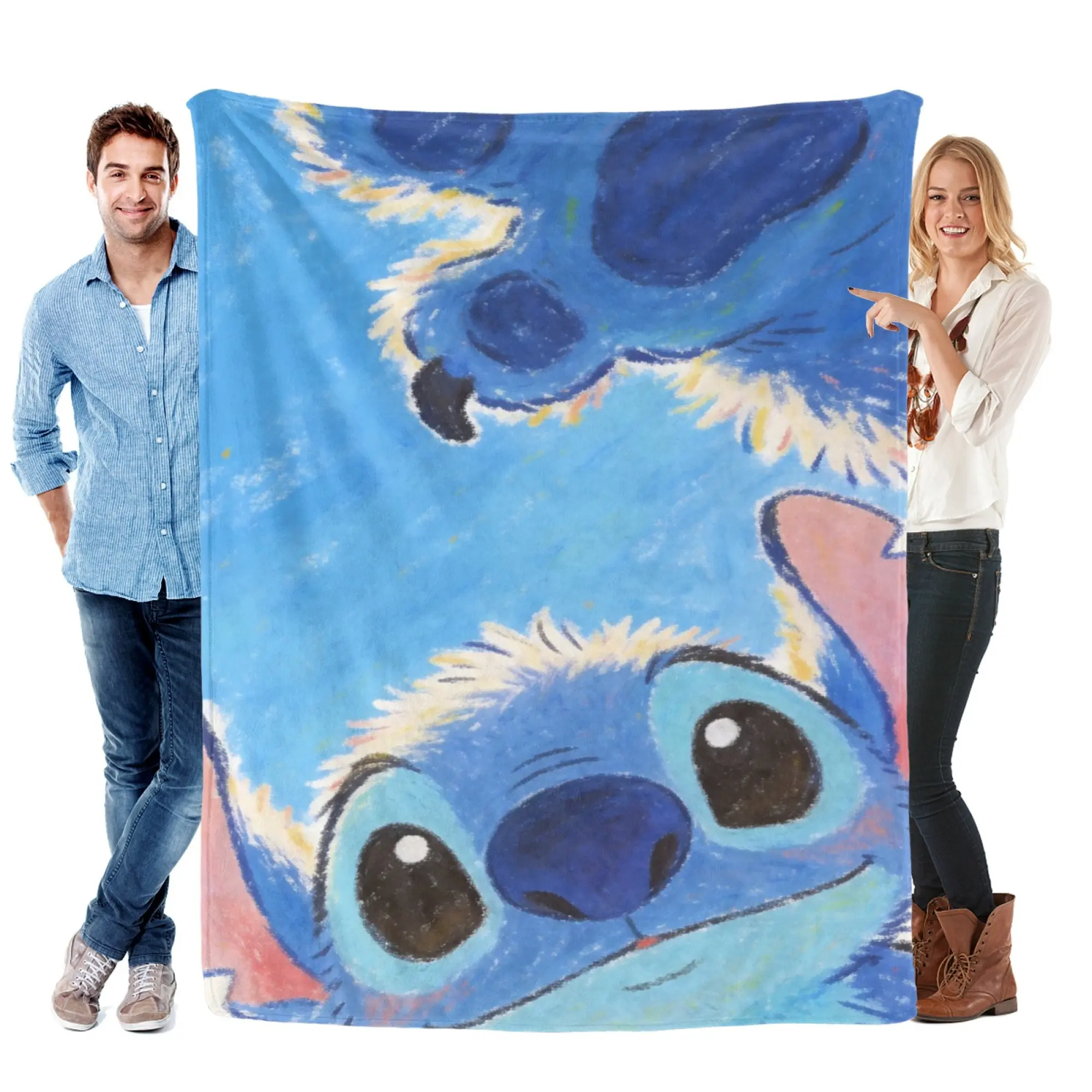 [SummerVibes] DISNEY CLASSIC Stitch Pastel Art Flannel Blanket - Soft 2D Cartoon Print Throw, Cozy Blanket for Home, Couch, Office Nap & Decor