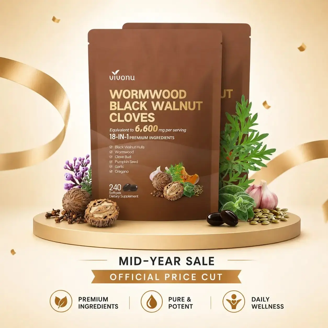 VIVONU Wormwood Black Walnut Cloves Capsules 240 Capsules (80-Day Supply)- Boost Metabolism & Enhance Energy | Contains Black Walnut, Garlic, Wormwood, and More SummerVibes