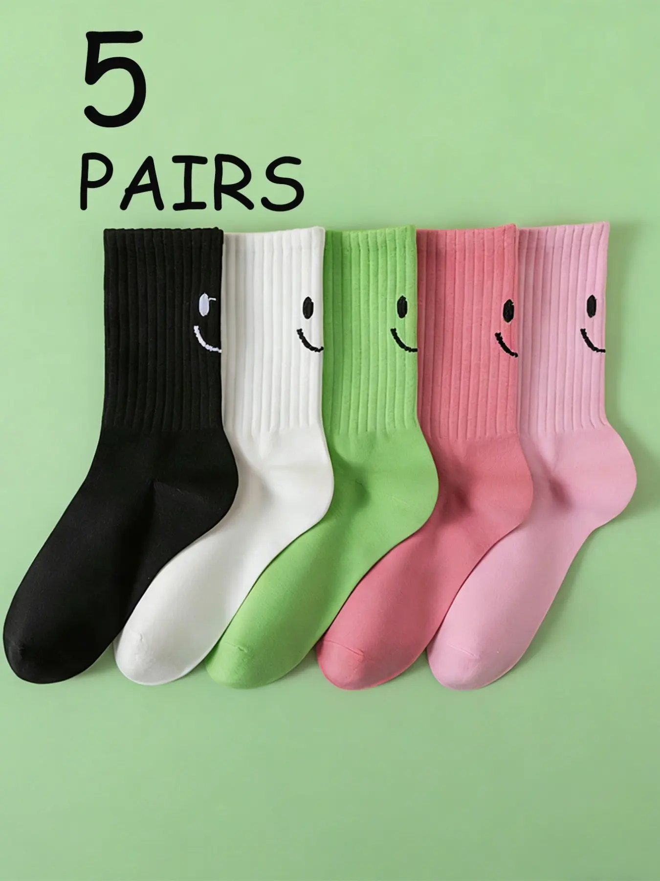 5 Pairs Macaron Color Smiley Face Mid-Calf Socks, Cute Cartoon Design, Comfortable Cotton Material, Perfect for Casual Wear