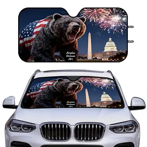 1-piece multi-functional foldable car sunshade,bear and American flag pattern, fireworks night scene design, special for UV-proof windshield, suitable for most models, easy installation and storage