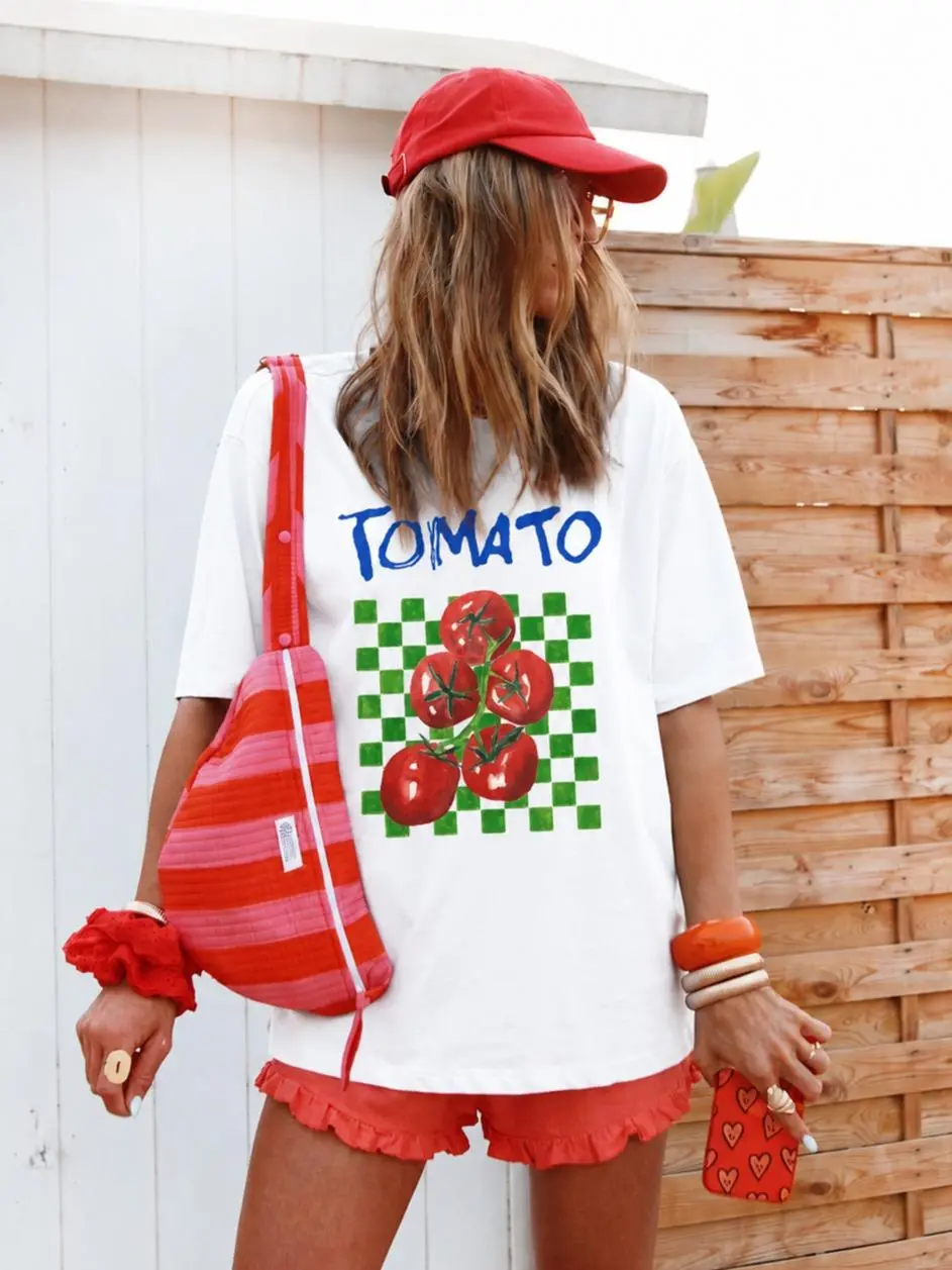 American street-style tomato graphic T-shirt, 180g all-cotton, loose fit, casual short sleeves for couples，Unisex Crewneck Print