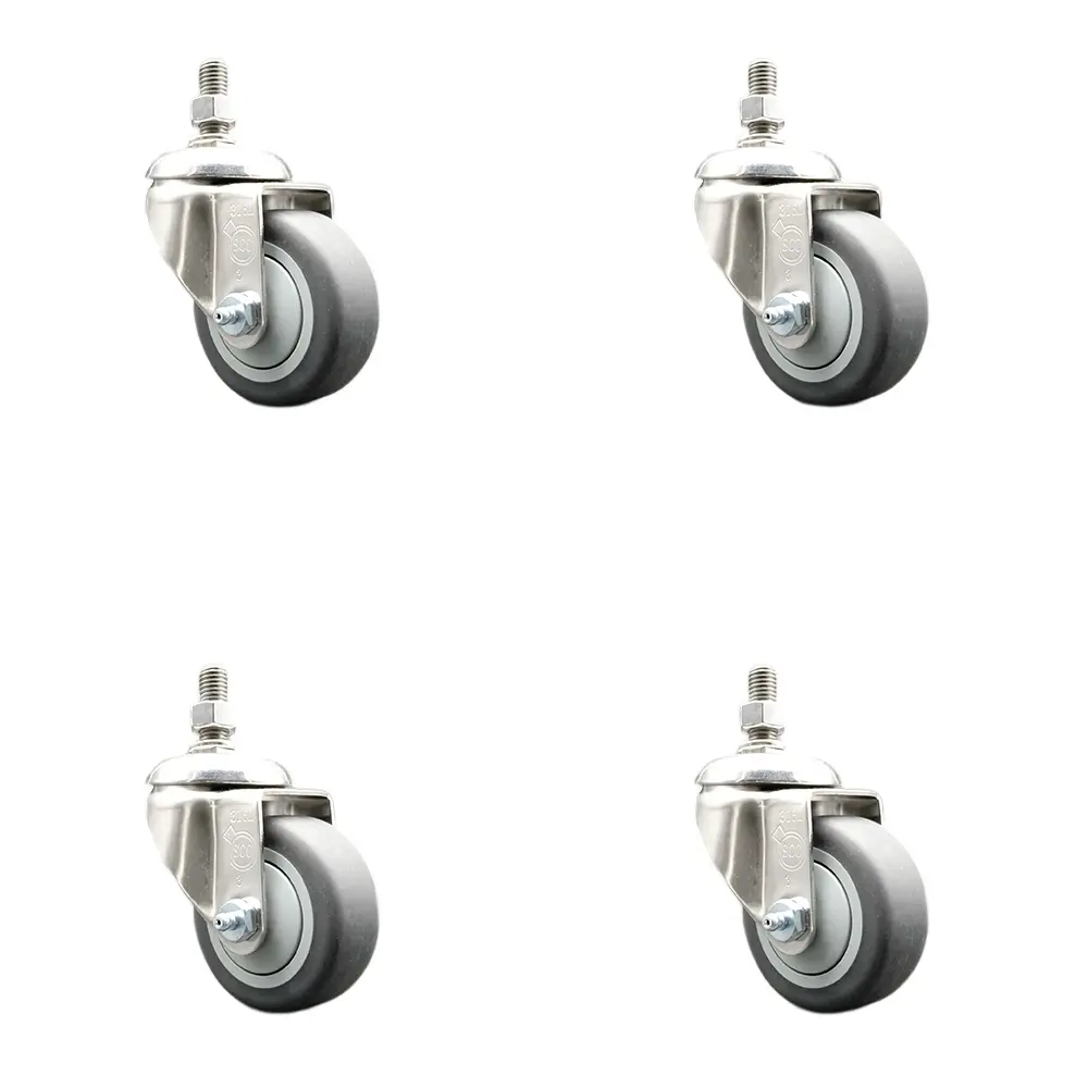 Service Caster SCC-SS316TS20S3514-TPRB-M1215-4 Thermoplastic Rubber Swivel Stem Caster with 3.5 in. Caster Wheels - 12 mm Metric Threaded Stems - 316 Stainless Steel Casters - Set of 4