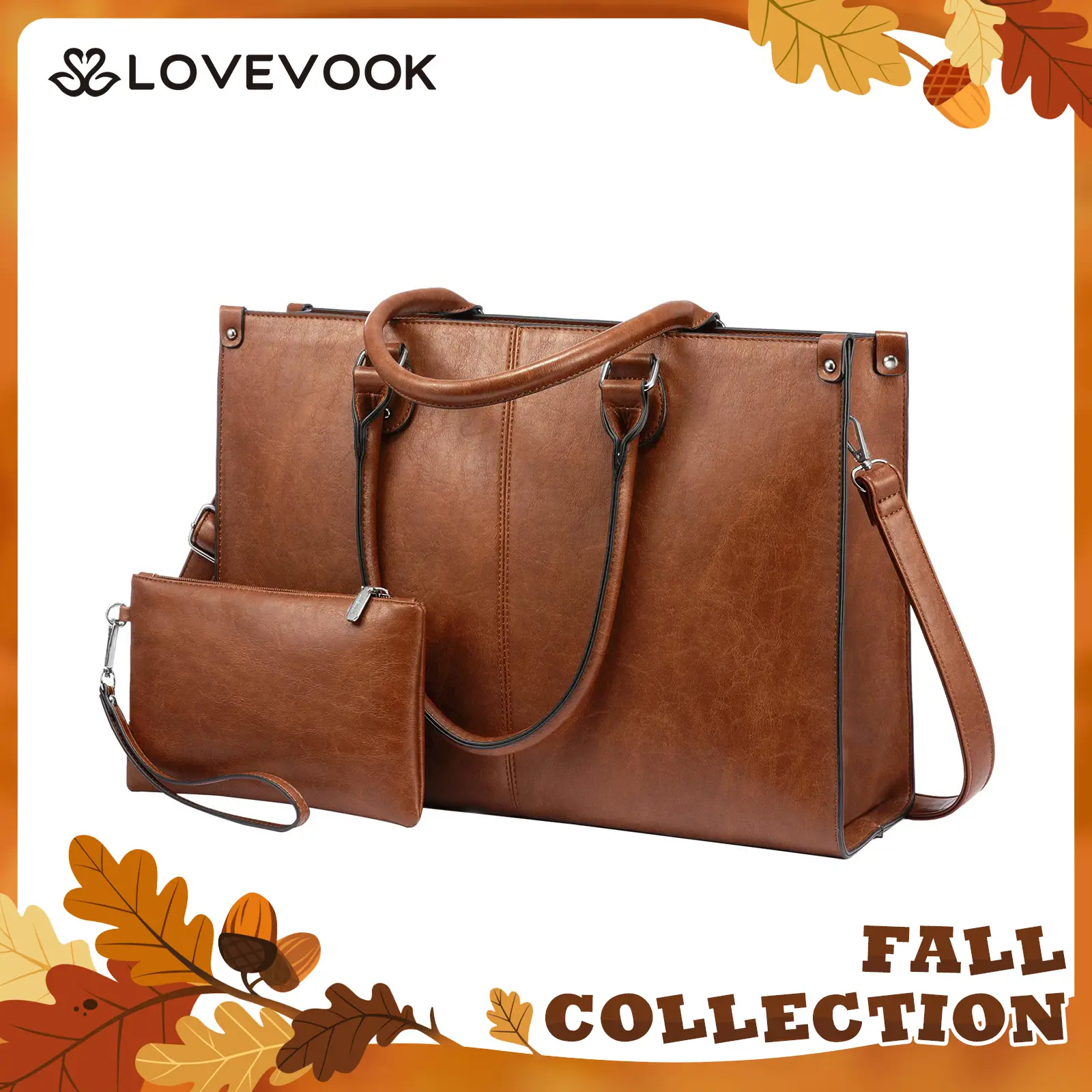 LOVEVOOK Fall Laptop Bag for Women, 15.6-17.3 inch Vegan Leather Laptop Tote Bag Large Capacity Vintage Leather Work Bags for Women Computer Bag Offic