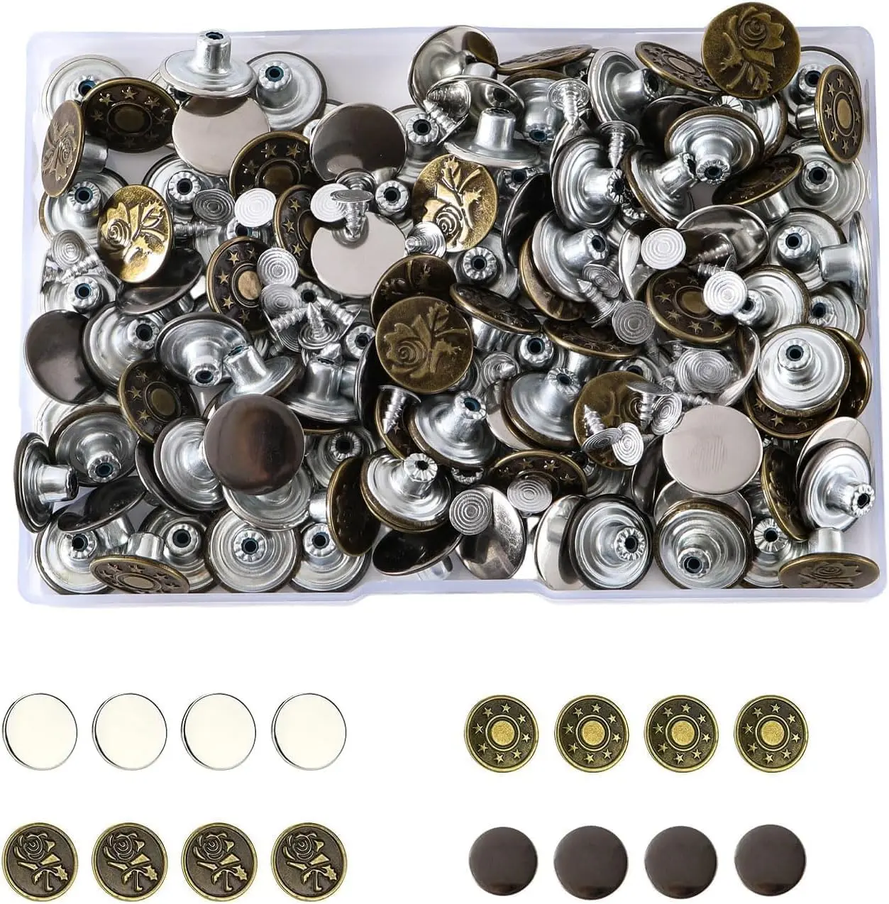 120 Sets Buttons for Jeans,No-Sew Metal Buttons Pins, Pants Button Replacement Tightener Repair Combo Thread Rivets(17mm)