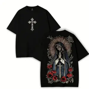 [tiktok shop deals]valentine shirts Virgin Mary Graphic T-Shirt, Black Heavy Cotton, Gothic Streetwear graphic tee oversized