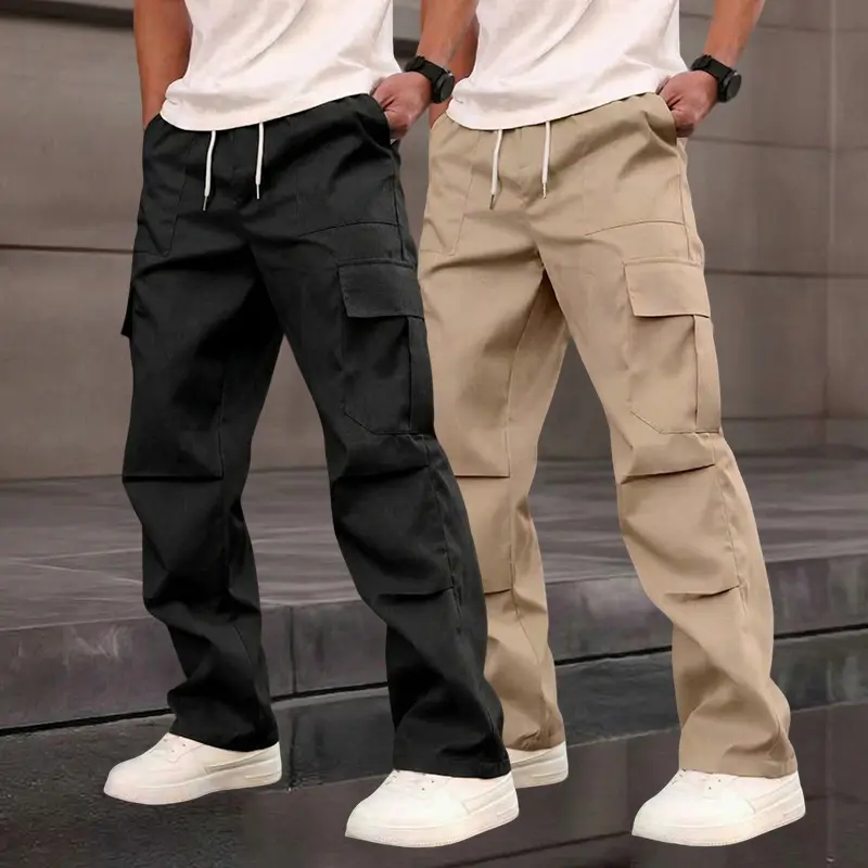 Men’s 2-Pack Lightweight Summer Outdoor Casual Cargo Pants, Men’s 3-Pack Multi-Pocket Loose Straight-Leg Workwear, American Street Style Basic Versatile Casual Pants, Holiday Gift Plain Menswear Trouser Trouser Menswear, Black/Khaki, Street Wear,summervib