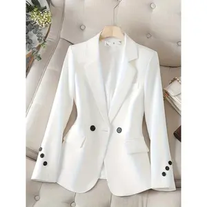 Double-Breasted Lapel Neck Blazer, Elegant Long Sleeve Blazer For Office & Work, Women's Clothing Fabric Fit Womenswear Coats