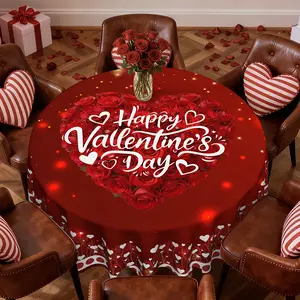 1pc Romantic Red Valentine'S Day Tablecloth | Love Heart & Rose Design, Polyester, Round, Machine Made, Ideal for Wedding, Kitchen, Dining Room, Party Decoration