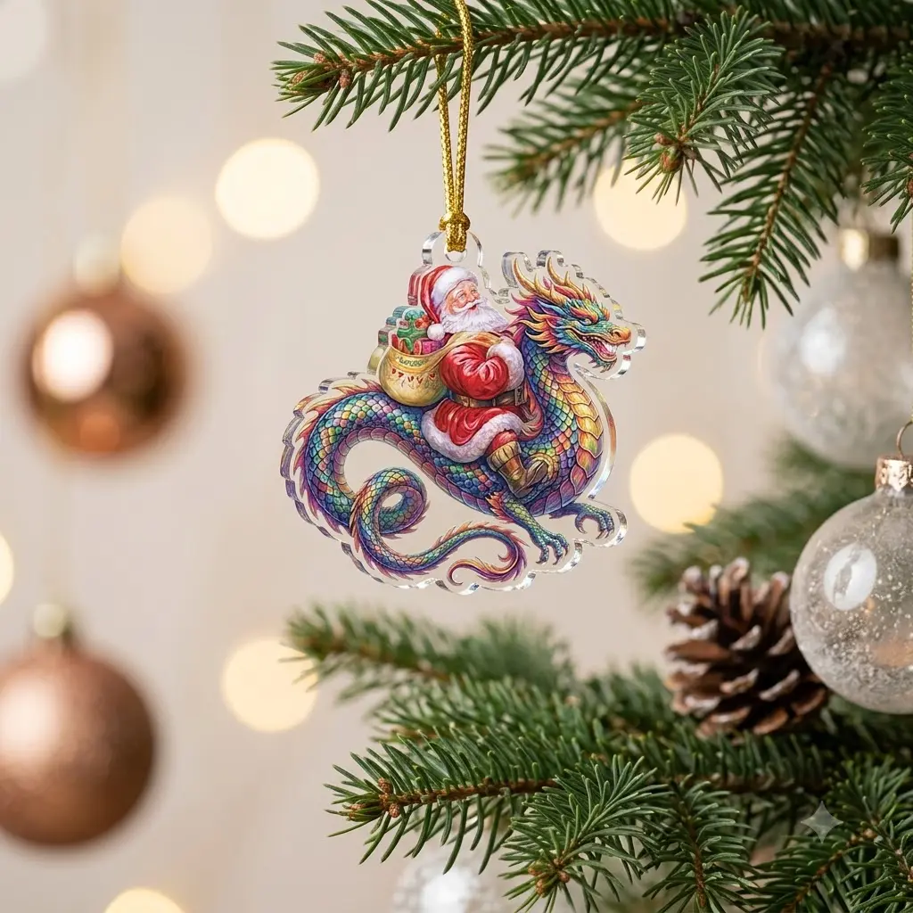 Santa Claus Acrylic Ornament, Funny Santa Christmas Tree Ornament, Santa Riding Dinosaur, Reindeer, Elephant, Dragon and Motorcycle, Unique Christmas Hanging Decor, Whimsical Holiday Decoration, Santa Lover Gift, Christmas Keepsake