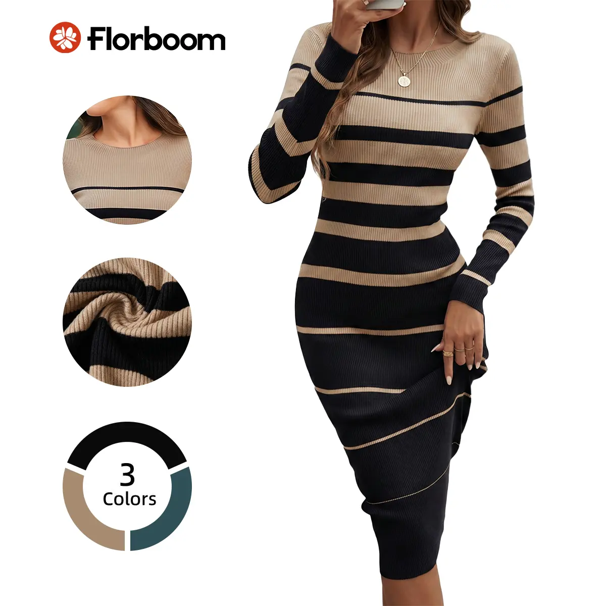 Florboom Women's Striped Ribbed Knit Midi Dress Boat Neck Long Sleeve Bodycon Sweater Dress Slim Fit Stretchy Casual Fall Winter Fashion Work Office Wear Daily Outfit Date Night Holiday