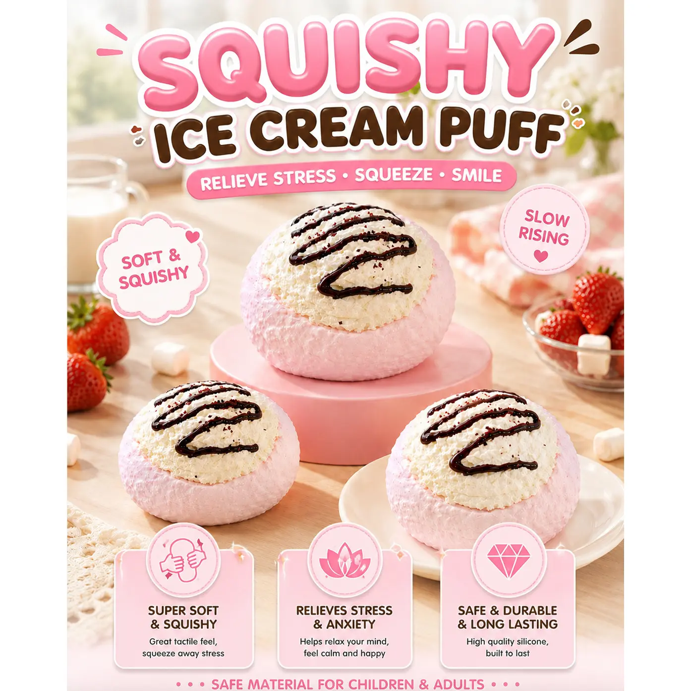 [Yuyu's Squishy World] Handmade taba squishies/ice cream puff squishy toys full silicone reborn squishy, fidget toys, taba squishy, ice cream puff 271g, Gifts for Girls & Boys Hydro Slime Eggcellent Putty