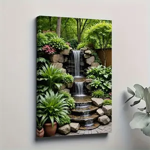 1pc Serene Garden Waterfall Canvas Art - Clusters of Greenery and Vibrant Flowers, 11.81 x 17.72inch, Solid Wood Frame, Perfect for Living Room Wall Decoration, Living Room Decor | Waterfall scenery | Framed canvas art, outdoor decoration