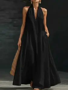Women's Halter Neck Flowy Black Maxi Dress with Pockets - Casual Vacation Beach Resort Wear