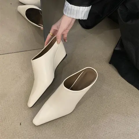 Women's Pointed-Toe Open Back Hassle-Free Slip-On Wedge Mule Footwear - Sleek Minimalist Walking Shoes for Commutes with Subtle Lift, Black, White, Brown Shoes