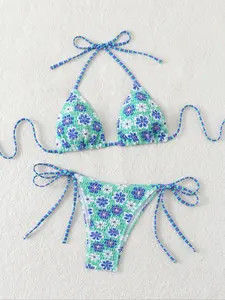 New Soft Padded Flower Print Thin Strap Bikini Set, Summer Beach Fashion Women's Swimsuit, Sexy Sleeveless Triangle Design, Floral Bikini, Tie Back Bikinis