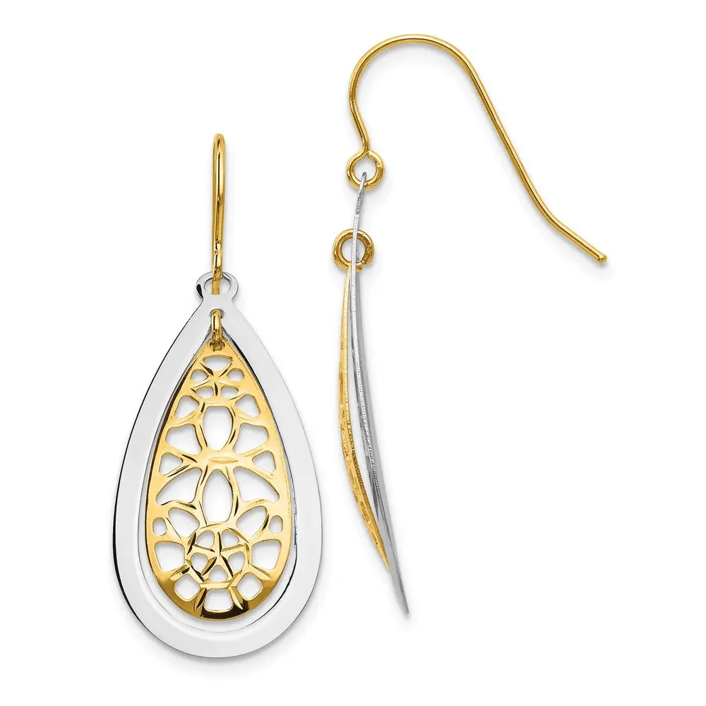 14k Two-tone 15 mm Diamond Cut Polished Fancy Dangle Earrings (1.62 grams)