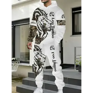Polyester Hooded Tracksuit Set for Men - Casual Geometric Lion Print, 3D Digital Print Sweatshirt and Pants with Drawstring, Slight Stretch Fabric, Perfect for Spring/Fall Casual Wear