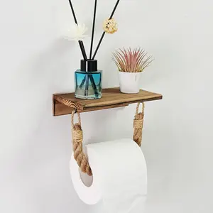 Multifunctional Toilet Paper Holder, Wooden Wall-Mounted Storage Rack, No Drilling Installation, Phone & Scent Dispenser Stand