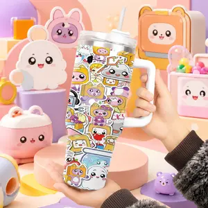 LankyBox Kids Tumbler 40oz Large Leak Proof Stainless Steel Travel Mug Handle Fun Cartoon Stickers Style Keep Drinks Hot 12 Hours Cold 24 Hours Ideal for School Home Outdoor