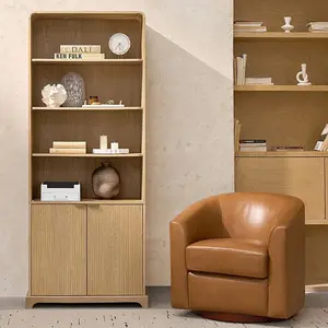 HULALA HOME Modern Wood Veneer Bookcase with LED Lights, Adjustable Shelves Storage Cabinet with Doors, Tall Display Bookshelf with Lighting, Contemporary Wooden Bookcase for Living Room, Office, Study Organizer