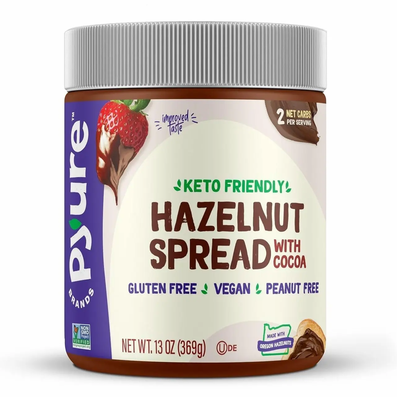 Pyure Keto Hazelnut Chocolate Spread | Sugar-Free, Low Carb, Vegan Nutella Alternative | 2g Net Carbs, Gluten-Free, Peanut-Free, Plant-Based, Non-GMO, Keto Snack, Vegan Sweets | 13 oz Jar