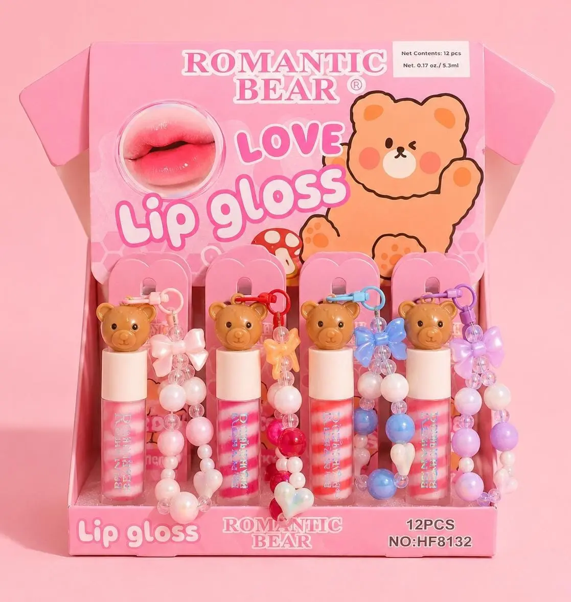 Rainbow Lip Gloss with Bear Keychain, Glossy Finish, 5.3 ml