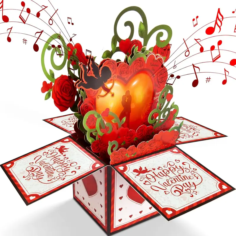 Valentines Day Card, LIGHT & Romantic MUSIC Valentines Gift for Her Him Couple, Pop up Happy Valentine's Card (Red)