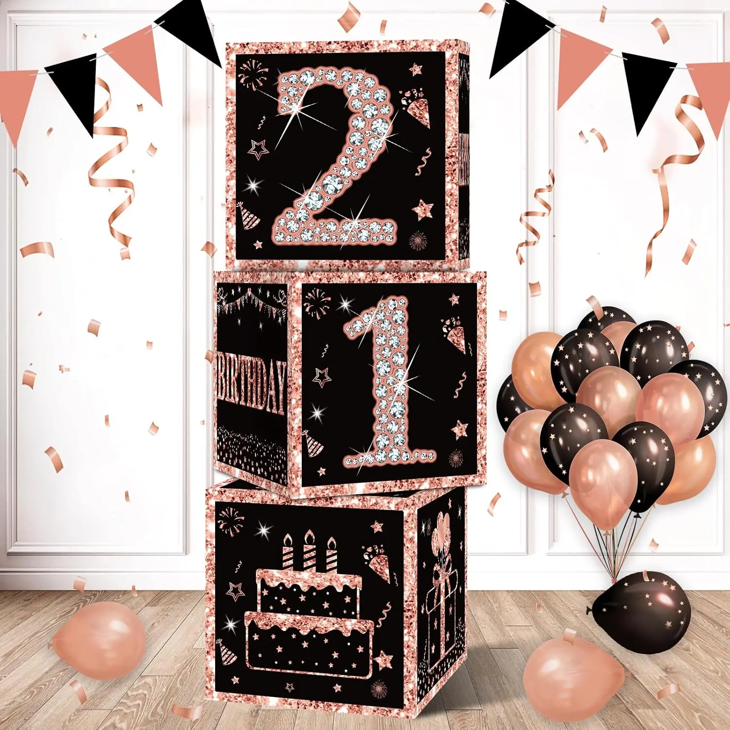 3pcs 21st Birthday Decorations Boxes for Girls, Rose Gold Happy 21 Birthday Balloons Boxes Party Supplies, Twenty-one Bday Theme Cardboard Box Decor