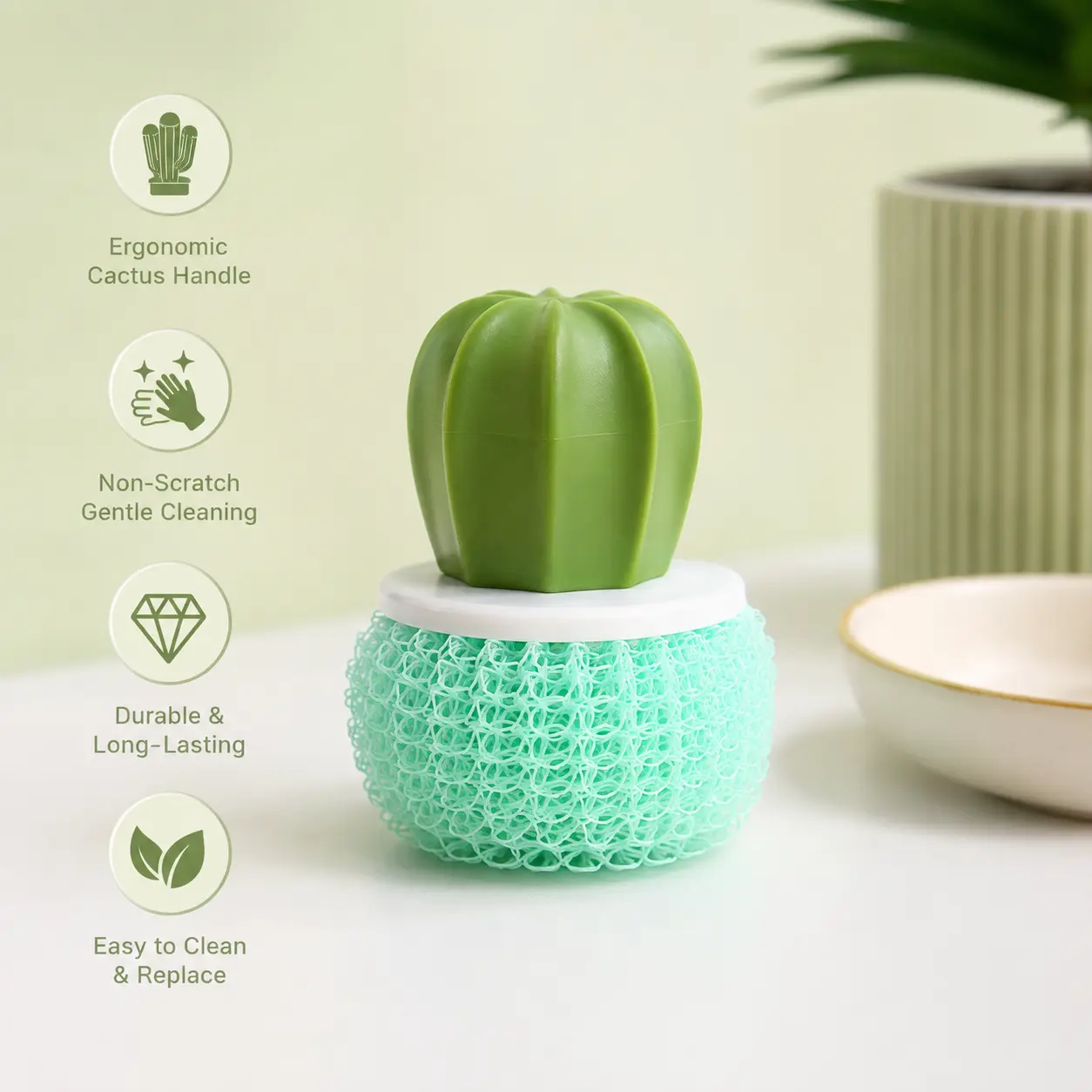 1 Count Cactus Shaped Kitchen Cleaning Brush, Detachable Non-scratch Fiber Scrubber for Washing Dishes, Pots and Various Kitchen Cookware