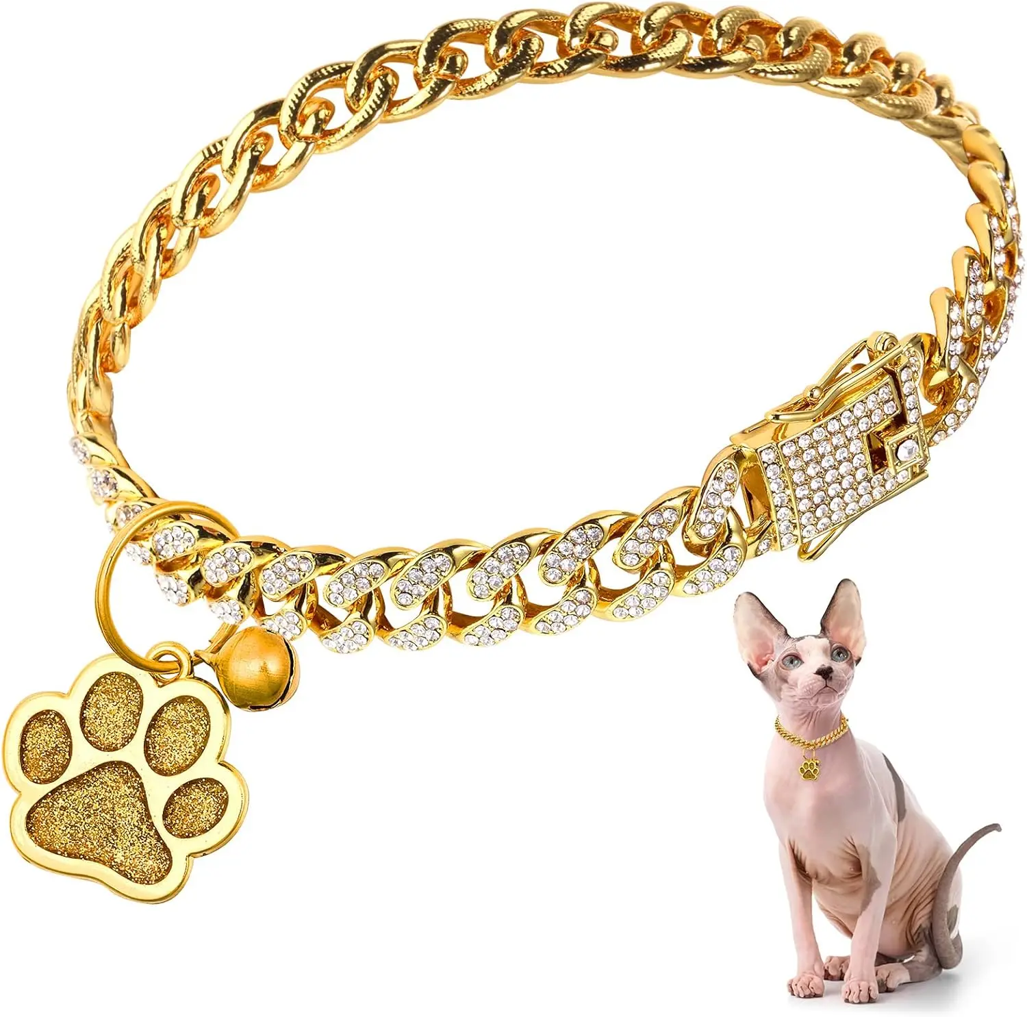 Glitter Diamond Chain Gold Cat Collar (8 in) - Metal, Secure Buckle, Paw Charm, ID Tag, Bell for Animals Dressing Up, Holidays, Birthdays, All Seasons Walking