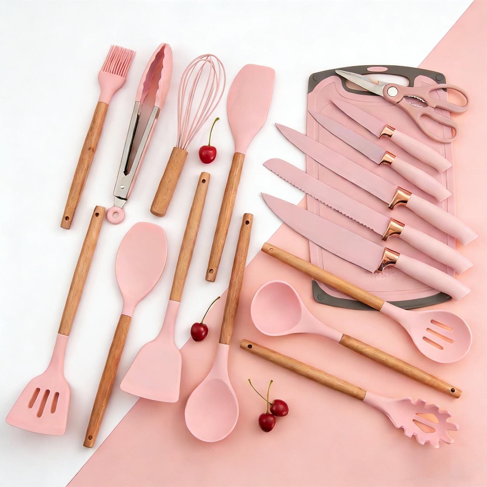 19-piece silicone kitchen utensil set, cooking tools with wooden handles, non-toxic, BPA-free, silicone spoon, rotating clamp, kitchen utensils, nonstick utensils with stand—an excellent choice for mothers, friends, or loved ones, kitchen soup ladle.