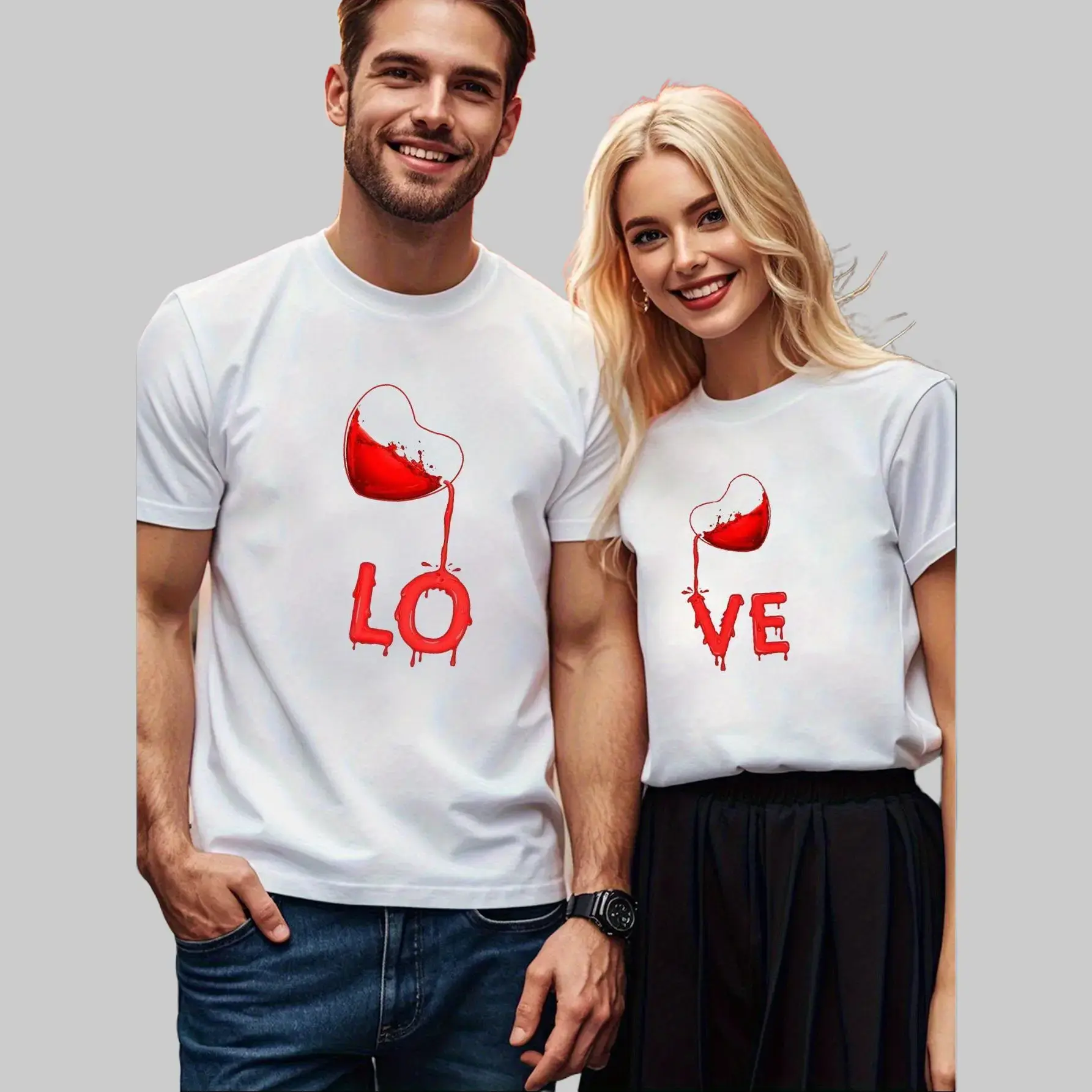 Couple's Matching 220g Soft Cotton Short-Sleeve Crew Neck T-Shirt Set, Split Heart Logo Wine Love Graphic Clothes, Breathable Durable Streetwear, Valentine Anniversary Gift Matching Outfits, Multi-Size, Shortsleeve, Breathable Wear