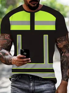 Men's Fluorescent Reflective Strip Print T-Shirt, Safety Vest Trendy Fitted Short Sleeve Top, Fashion Comfort Design, Perfect Daily Wear, Ideal Gift Choice