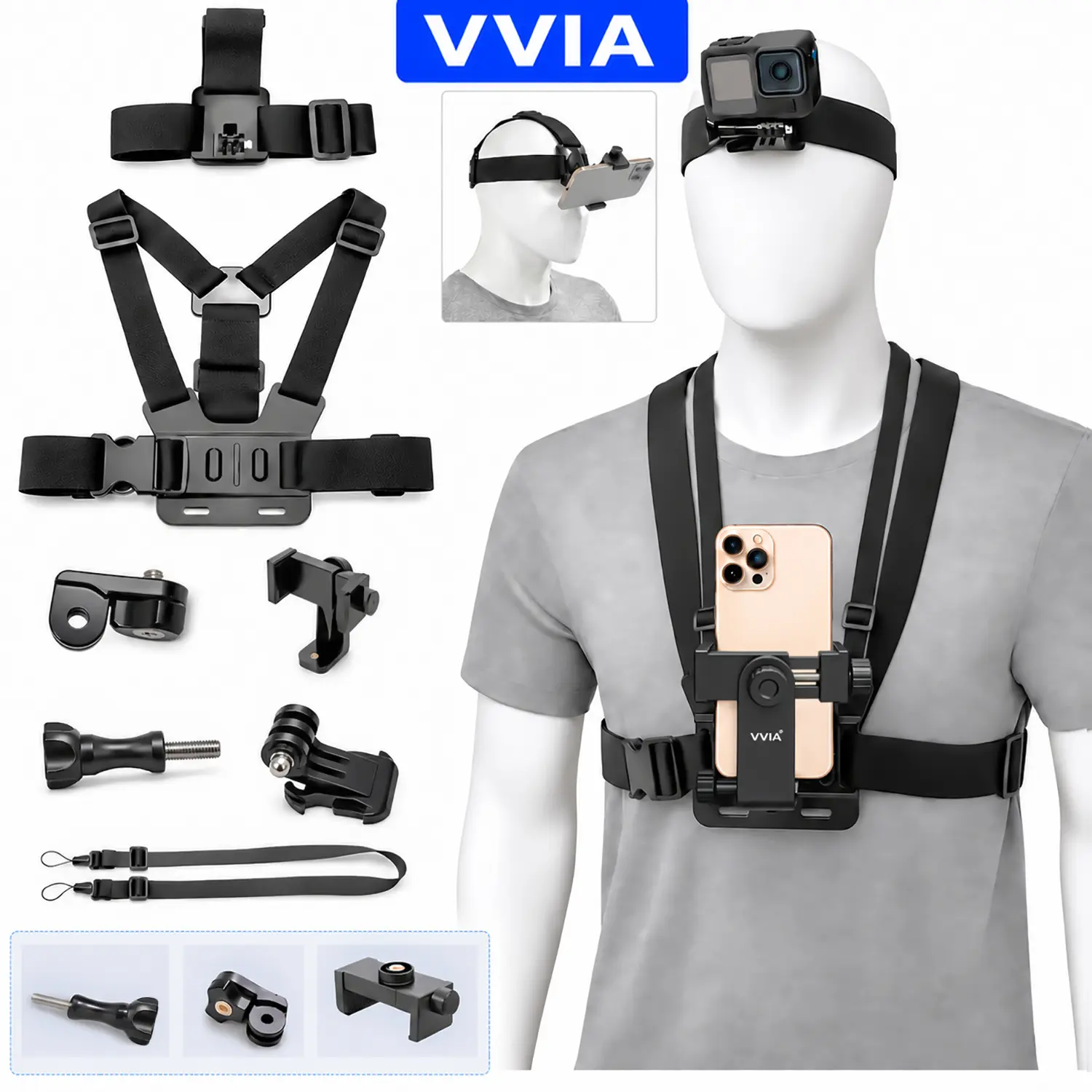 POV Cellphone Chest Mount - Adjustable Hands-Free Chest Harness with Head Strap Mount, 360° Rotating Mobile Phone Holder, Anti-Shake Body Stand for Smartphones & Action Cameras, Easy Installation Vlogging Accessory for Cycling, Hiking, Outdoor Sports