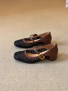 Women's Hollow Out Sandals Low Heel Breathable Mesh Slip-On Shoes Soft Sole Summer New High-End Casual Footwear