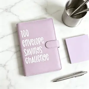 100 Envelope Challenge Binder A5 Savings Book with Cash Envelopes and Tracker Stackable PU Leather Budget Organizer for Home Office Desk (Black Pink Purple)