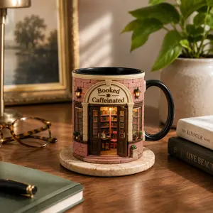 Booked Caffeinated Mug, Book Lover Coffee Mug, Cozy Library Cafe Ceramic Cup, Reader Gift, Bibliophile Bookworm Mug