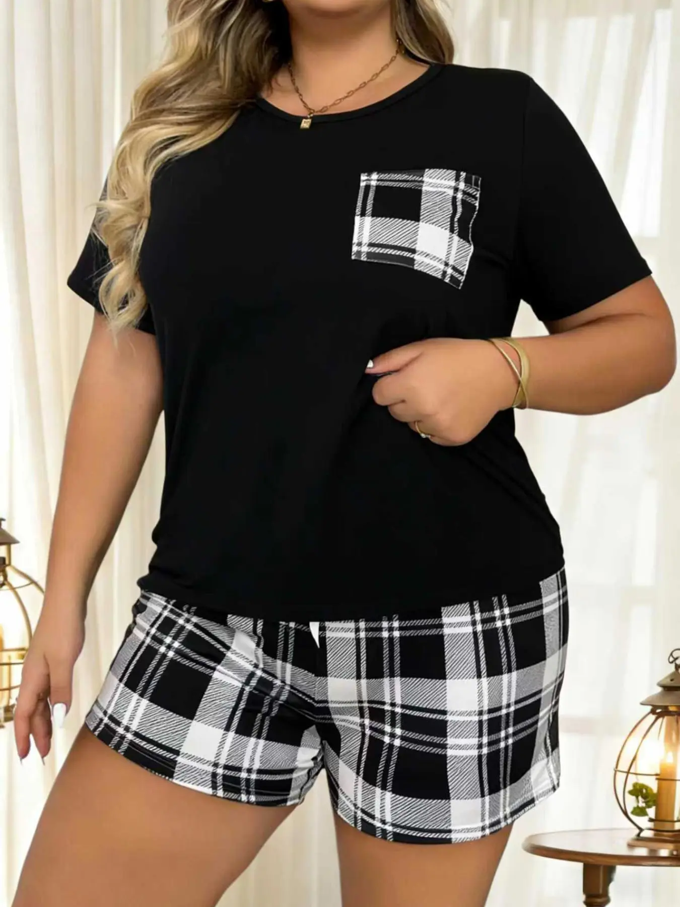 Women's Plus Size Plaid Pocket Sleepwear, Comfortable Sleeping Suit, Fashion Summer Pajamas Sets, Home Clothes for Daily Wear, Casual Loungewear, pjs gift for girl, Everyday